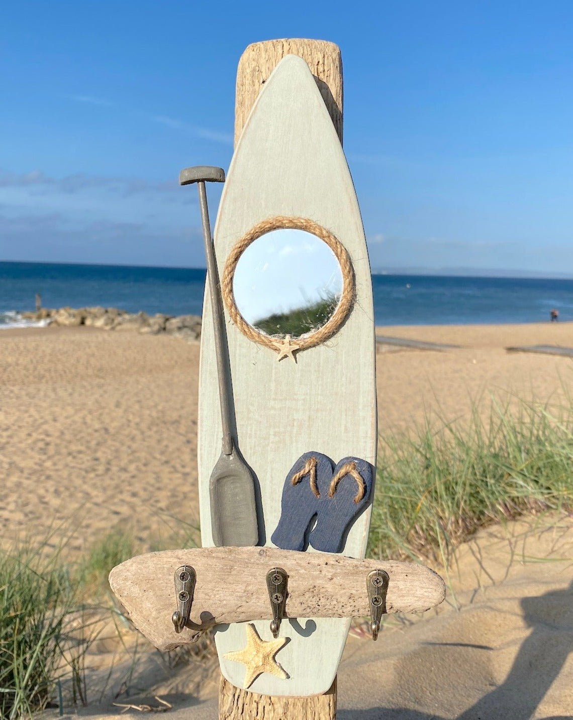 Paddleboard Driftwood Key hooks - Green with Navy Flip Flops, Mirror and Starfish - Drift Craft by Jo