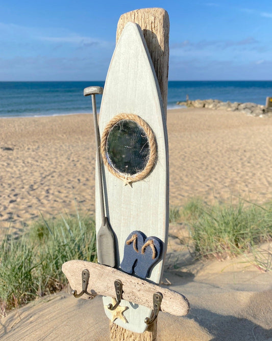 Paddleboard Driftwood Key hooks - Green with Navy Flip Flops, Mirror and Starfish - Drift Craft by Jo