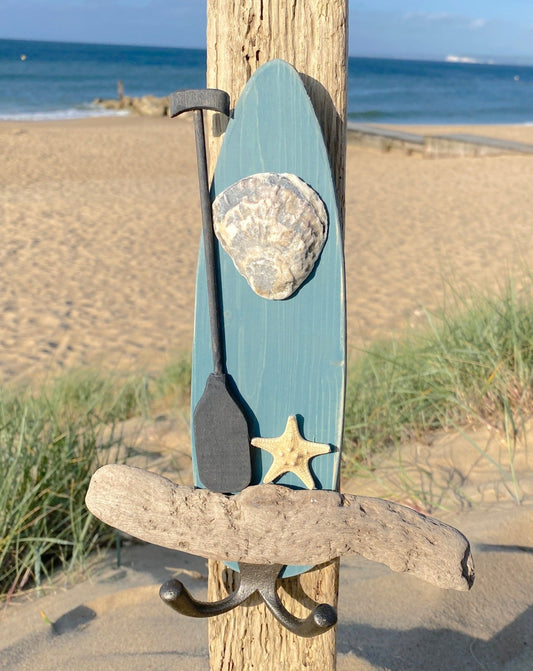 Paddleboard Driftwood Key hooks - Teal with Shell and Starfish - Drift Craft by Jo