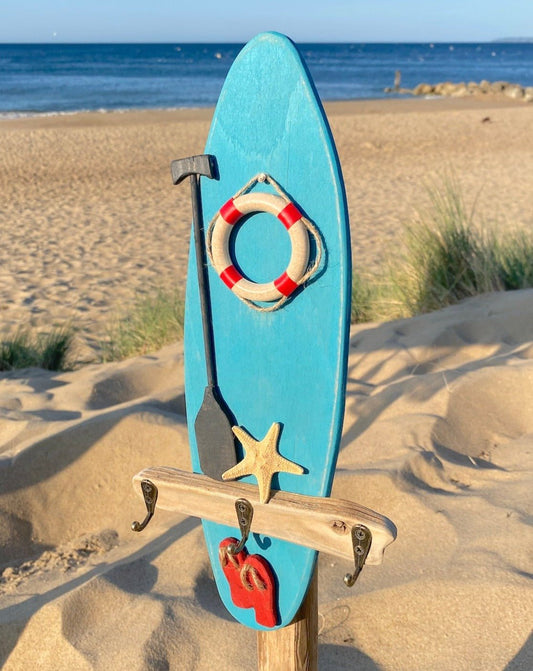 Paddleboard Driftwood Key hooks - Turquiose with Flipflops and Lifebouy - Drift Craft by Jo