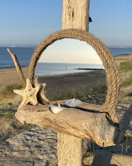 Round Rope Driftwood Mirror with Tealight and Starfish - Drift Craft by Jo