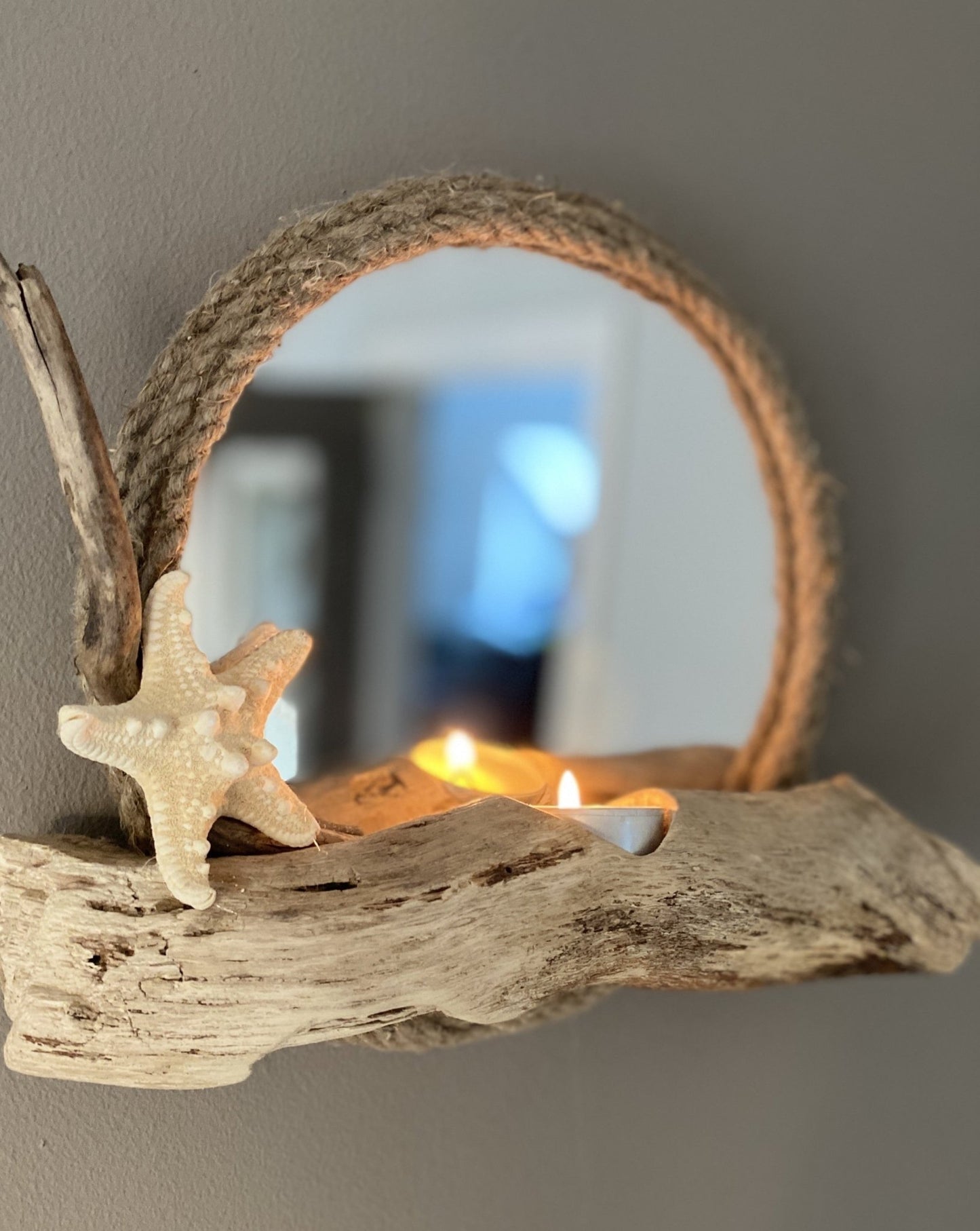 Round Rope Driftwood Mirror with Tealight and Starfish - Drift Craft by Jo