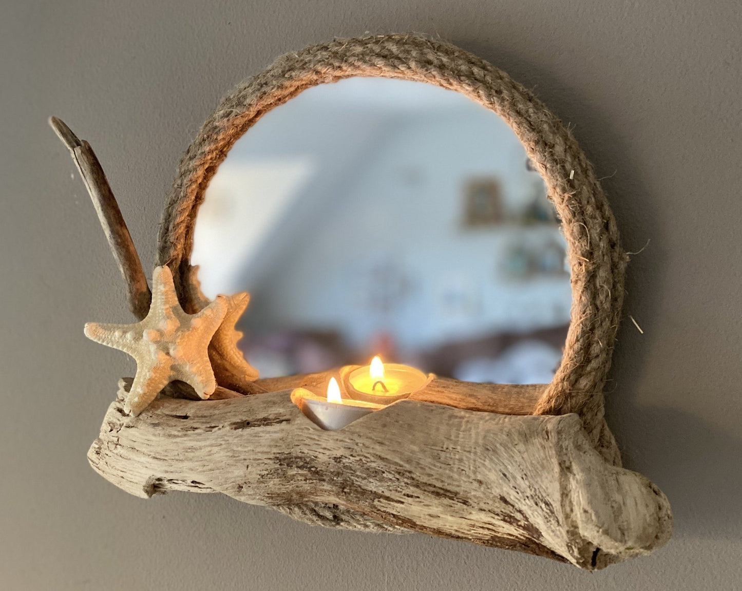 Round Rope Driftwood Mirror with Tealight and Starfish - Drift Craft by Jo