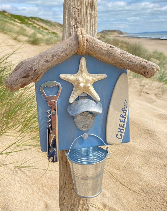 Rustic Beach Hut Surf Shack Bottle Opener - Double - Blue, Surfboard - Drift Craft by Jo
