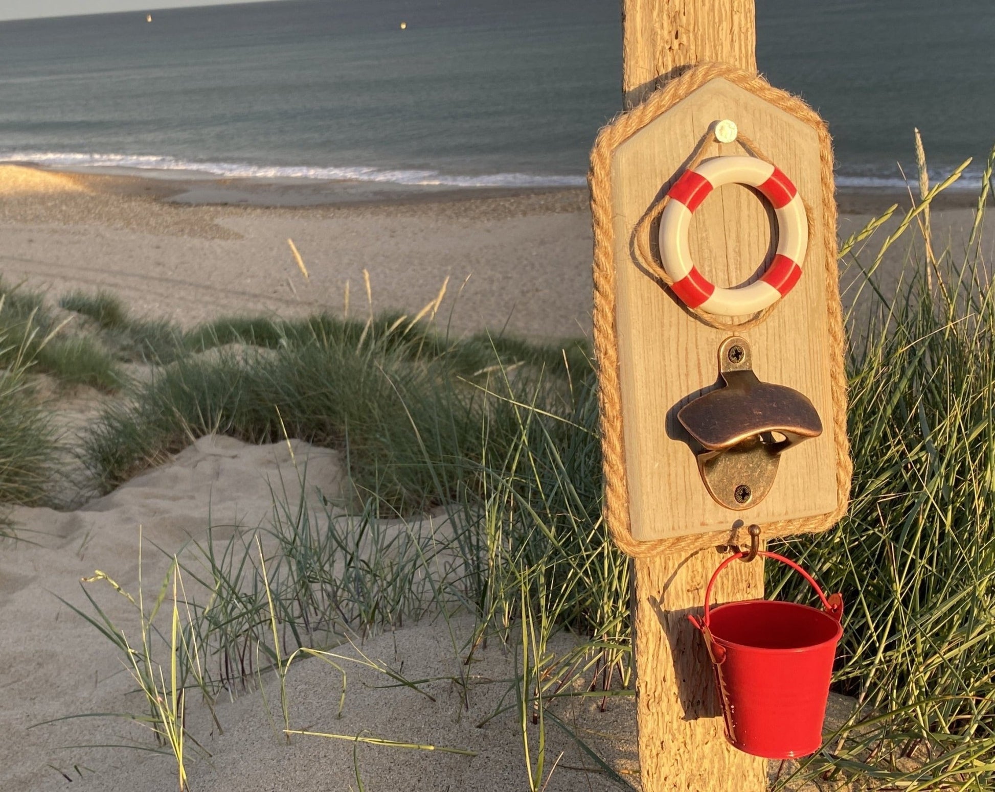 Rustic Driftwood Bottle Opener - Grey with lifebouy - Red Bucket - Drift Craft by Jo