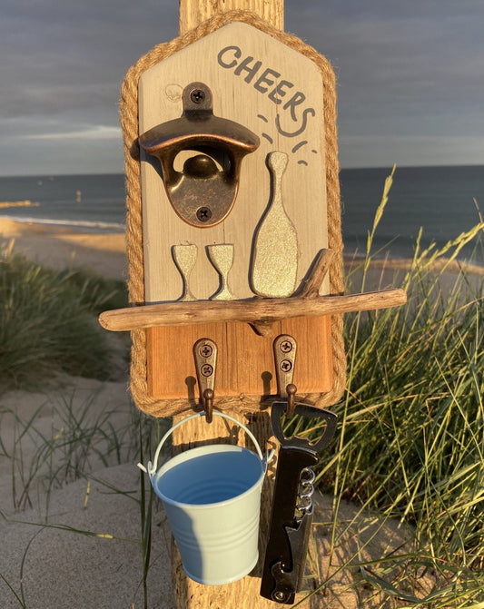 Rustic Driftwood Bottle Opener - Light blue - Cheers with Pale Blue Bucket and Cork Screw - Drift Craft by Jo