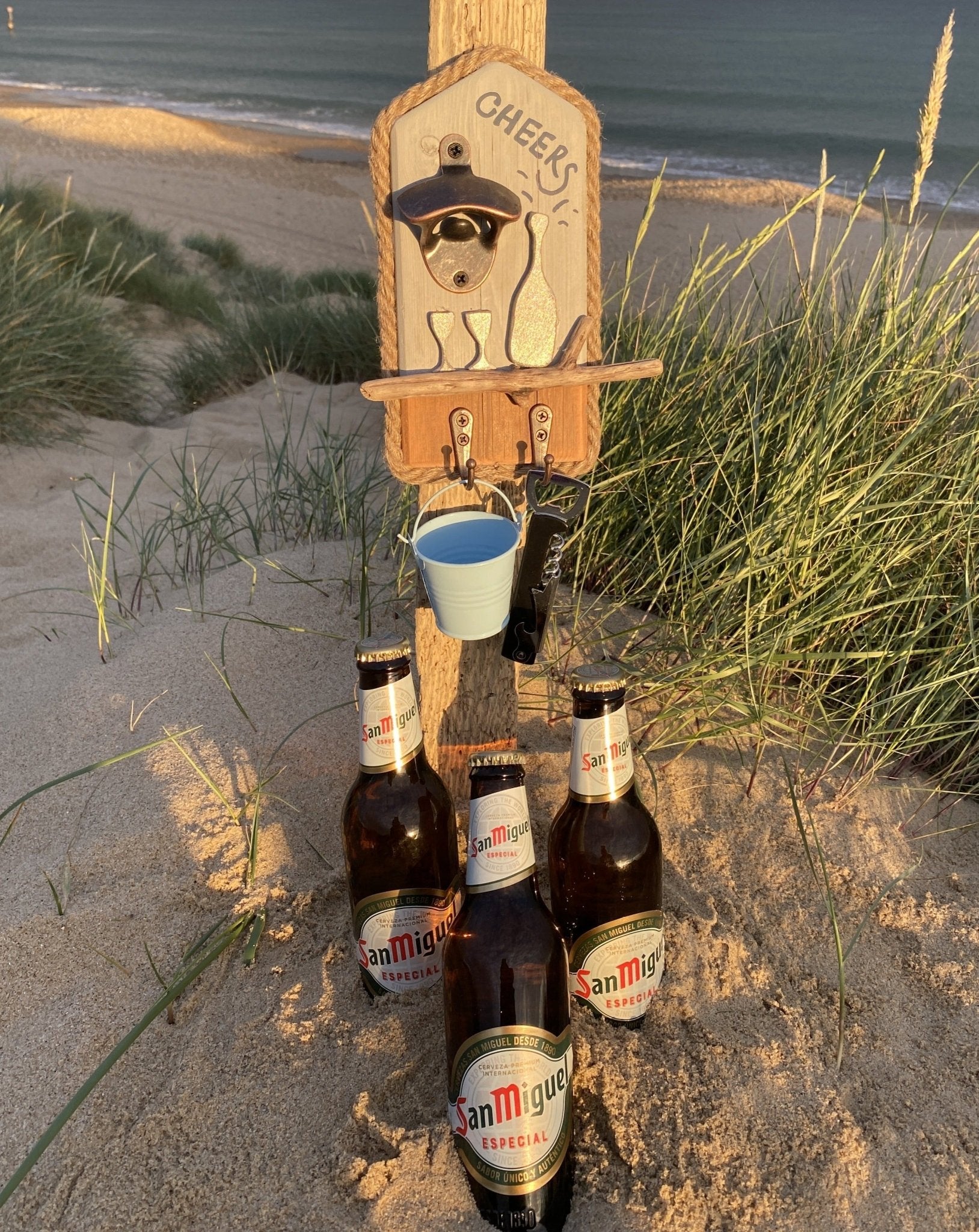 Rustic Driftwood Bottle Opener - Light blue - Cheers with Pale Blue Bucket and Cork Screw - Drift Craft by Jo