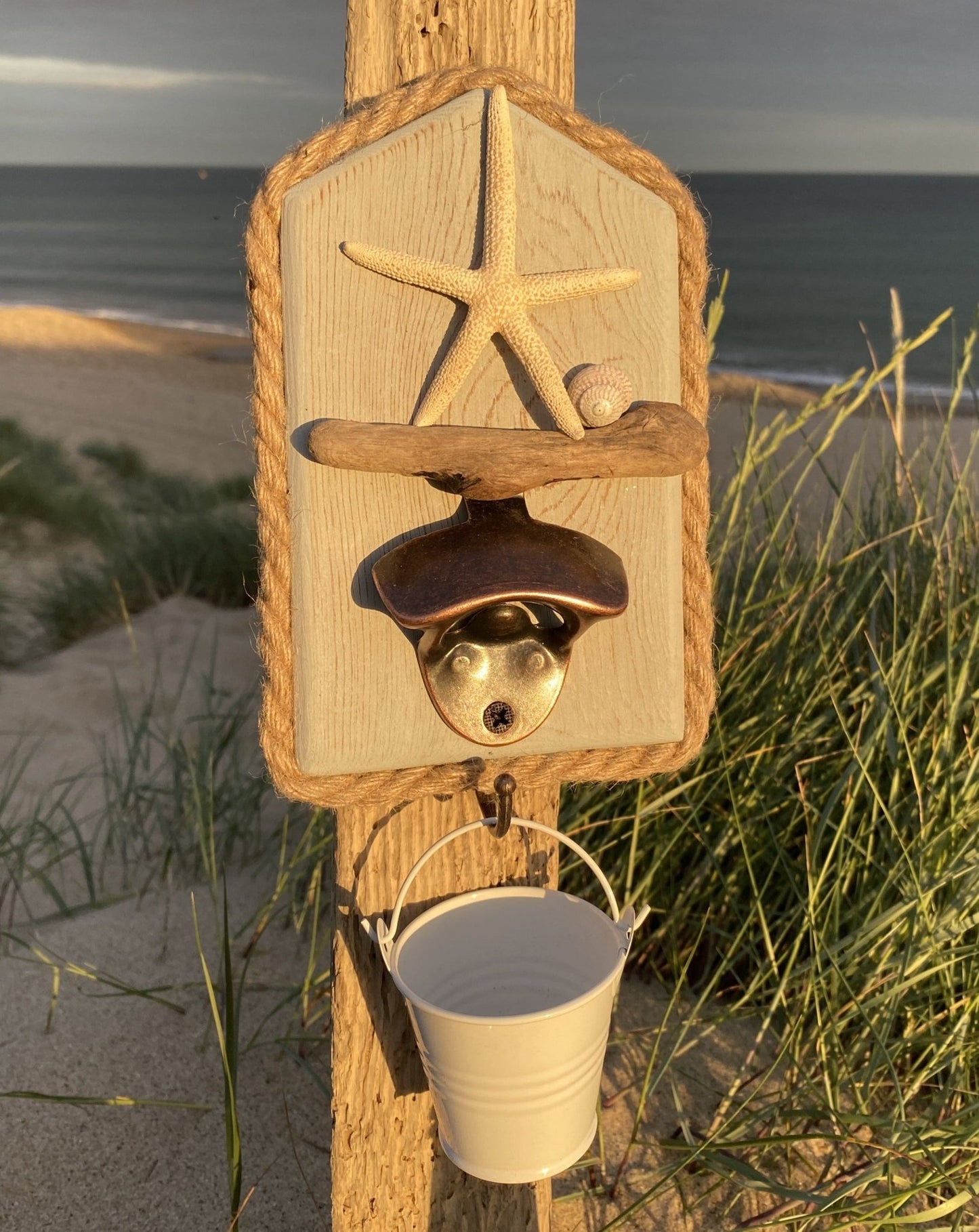 Rustic Driftwood Bottle Opener - Pale blue Starfish and Shell - White Bucket - Drift Craft by Jo