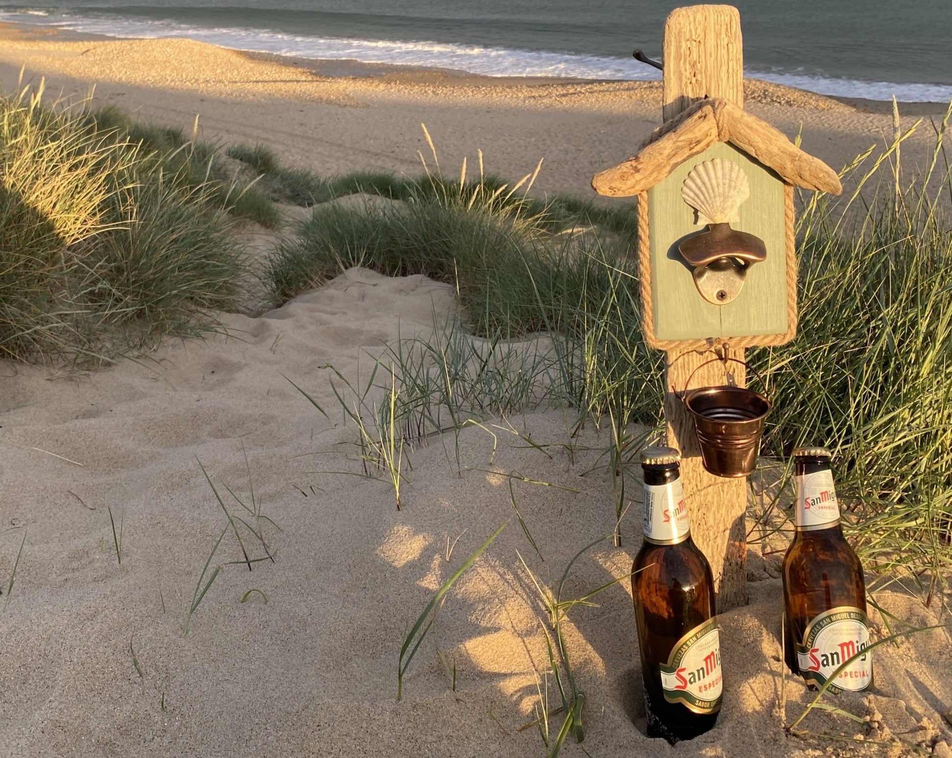 Rustic Driftwood Bottle Opener - Sage with Shell - Bronze Bucket - Drift Craft by Jo