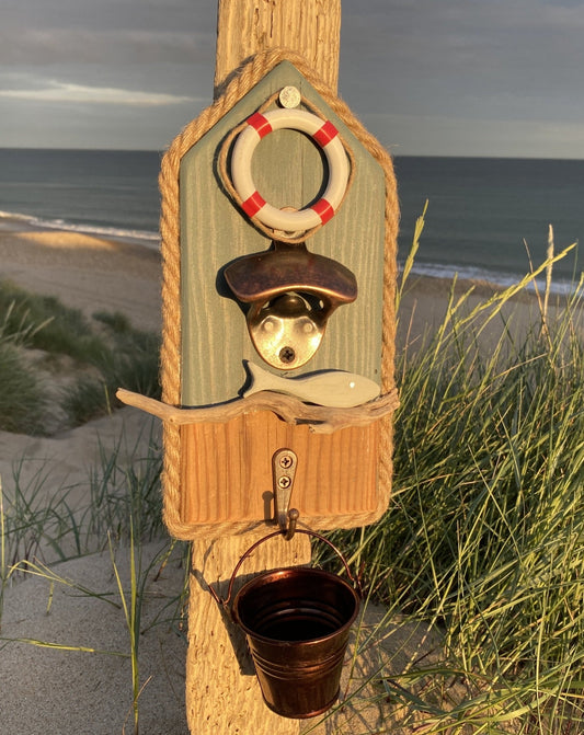 Rustic Driftwood Bottle Opener - Teal with Lifebouy and fish - Bronze Bucket - Drift Craft by Jo