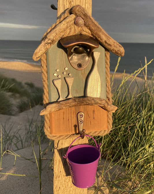 Rustic Driftwood Bottle Opener - Teal with Prosecco - Purple Bucket - Drift Craft by Jo