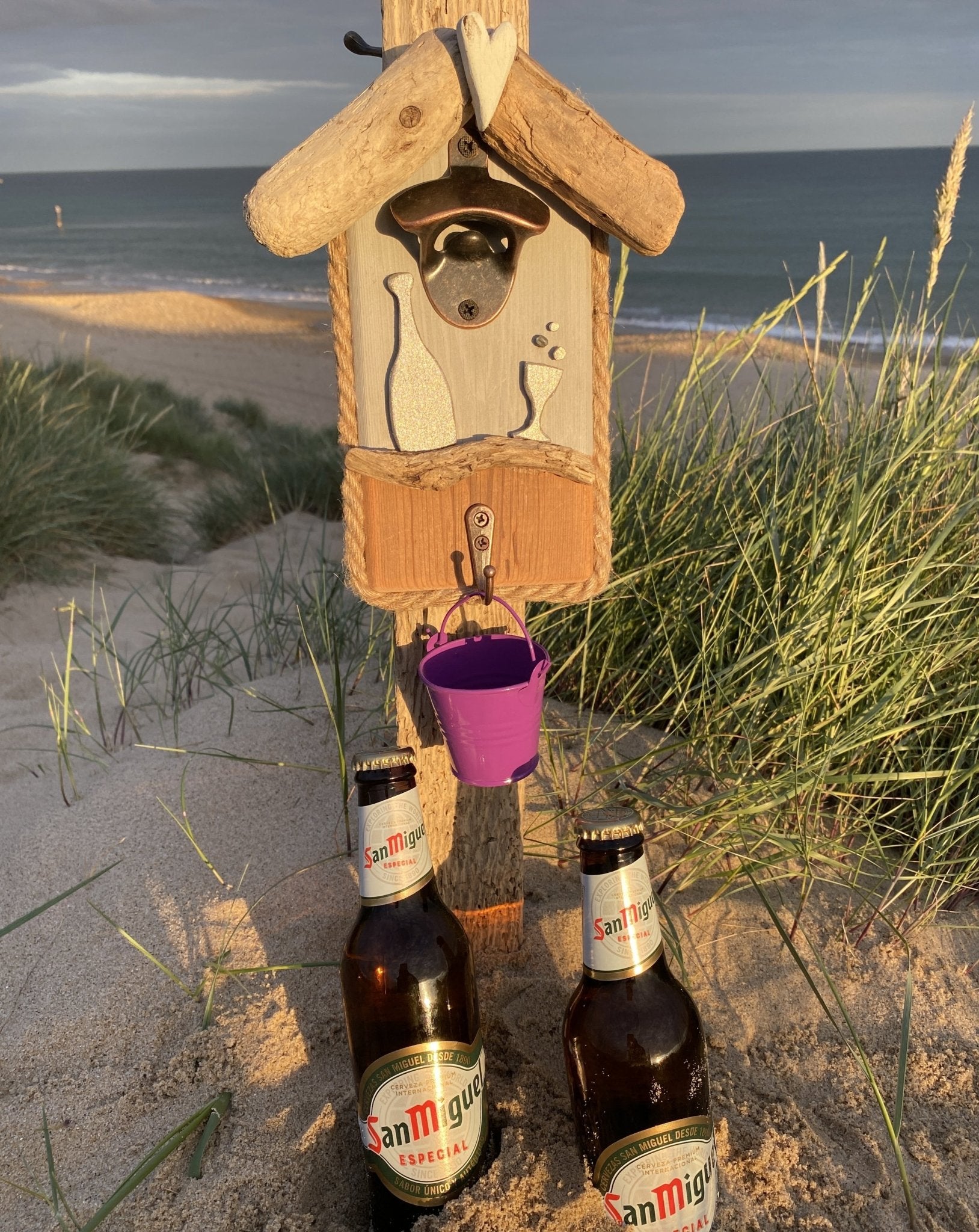 Rustic Driftwood Bottle Opener - Teal with Prosecco - Purple Bucket - Drift Craft by Jo