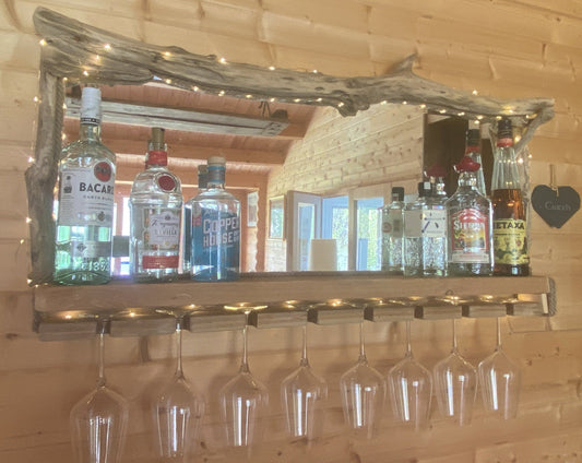 Rustic Driftwood Gin Bar Mirror with Lights - large - Drift Craft by Jo