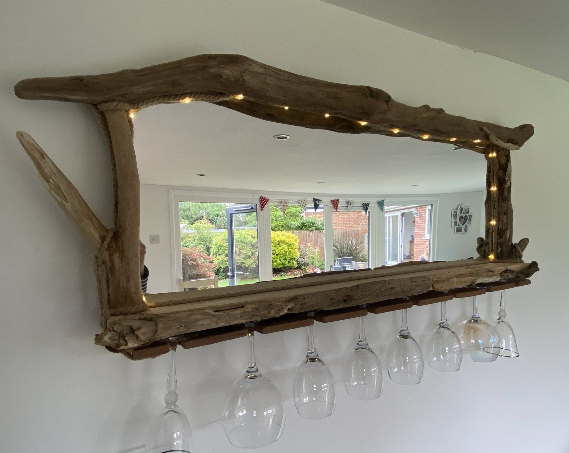 Rustic Driftwood Gin Bar Mirror with Lights - large - Drift Craft by Jo