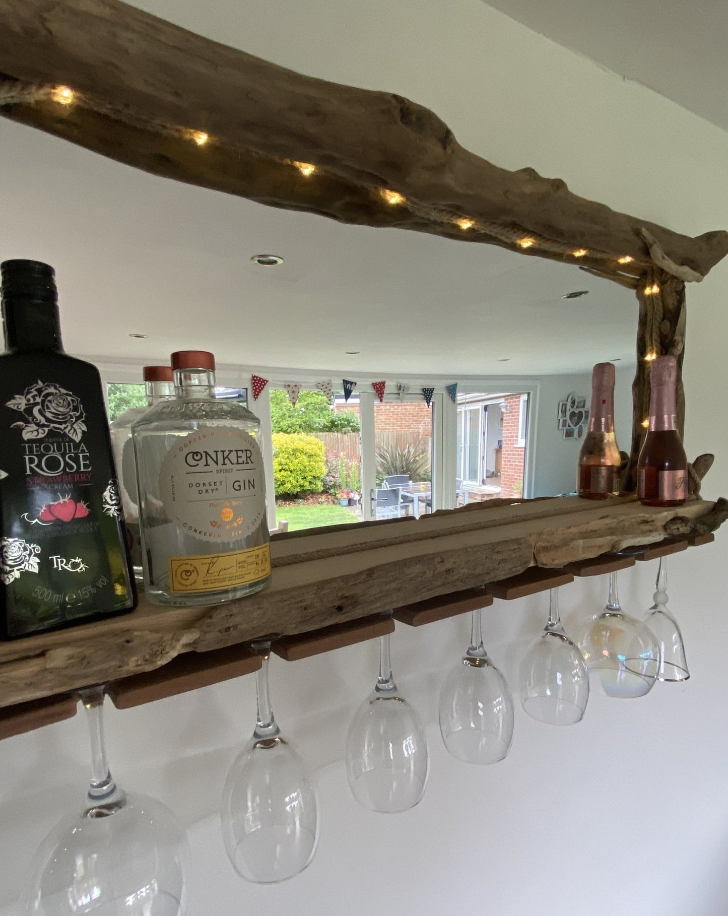 Rustic Driftwood Gin Bar Mirror with Lights - large - Drift Craft by Jo