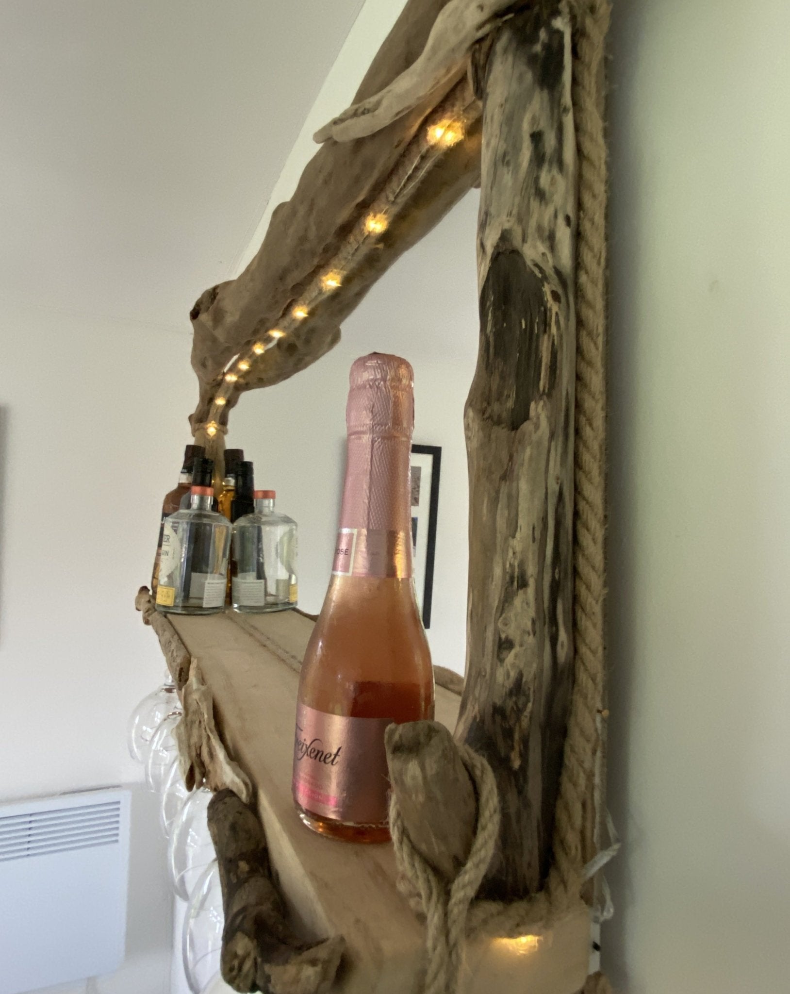 Rustic Driftwood Gin Bar Mirror with Lights - large - Drift Craft by Jo