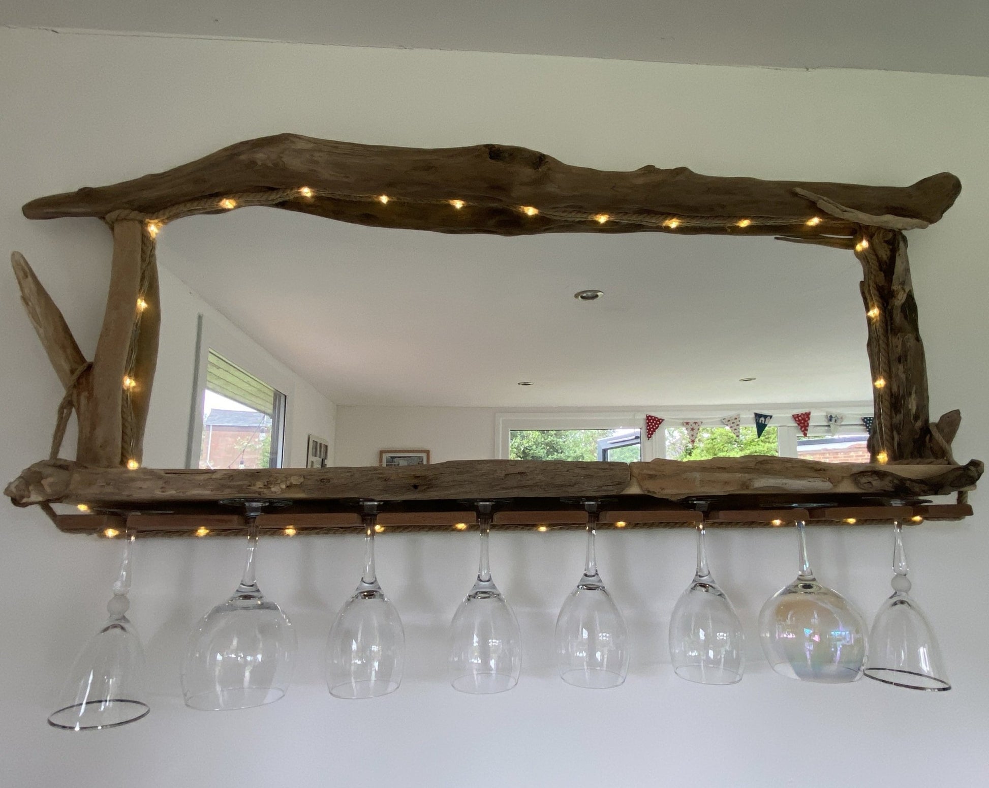 Rustic Driftwood Gin Bar Mirror with Lights - large - Drift Craft by Jo