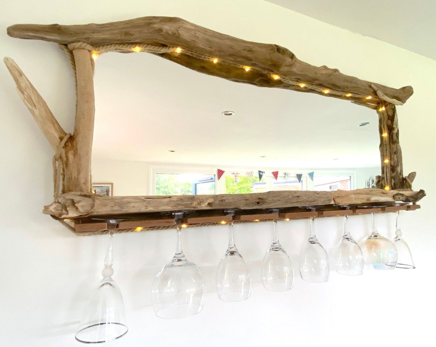 Rustic Driftwood Gin Bar Mirror with Lights - Made to Order - Drift Craft by Jo