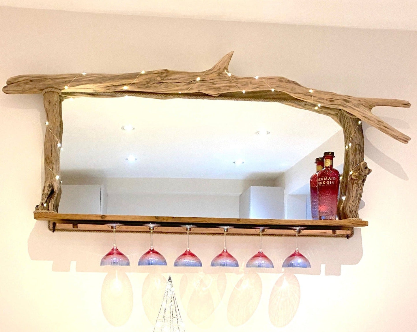 Rustic Driftwood Gin Bar Mirror with Lights - Made to Order - Drift Craft by Jo