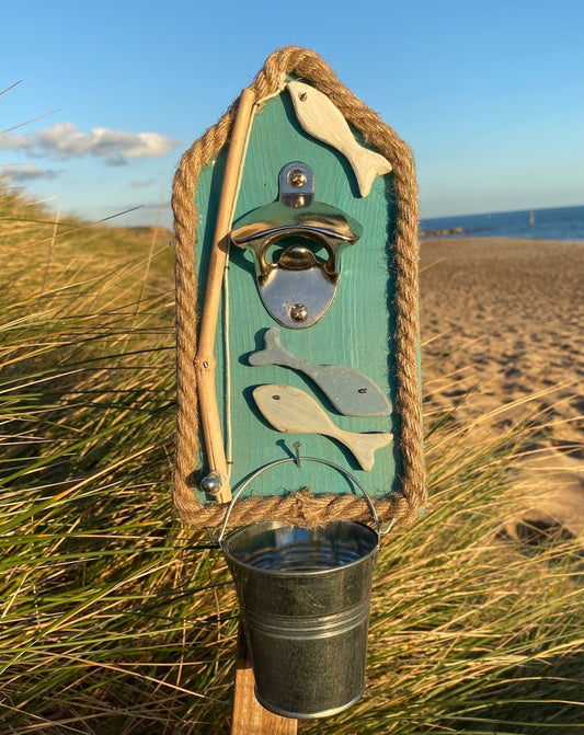 Rustic Fishing Beer Bottle Opener with Silver Bucket - Beach Hut Blue - Drift Craft by Jo
