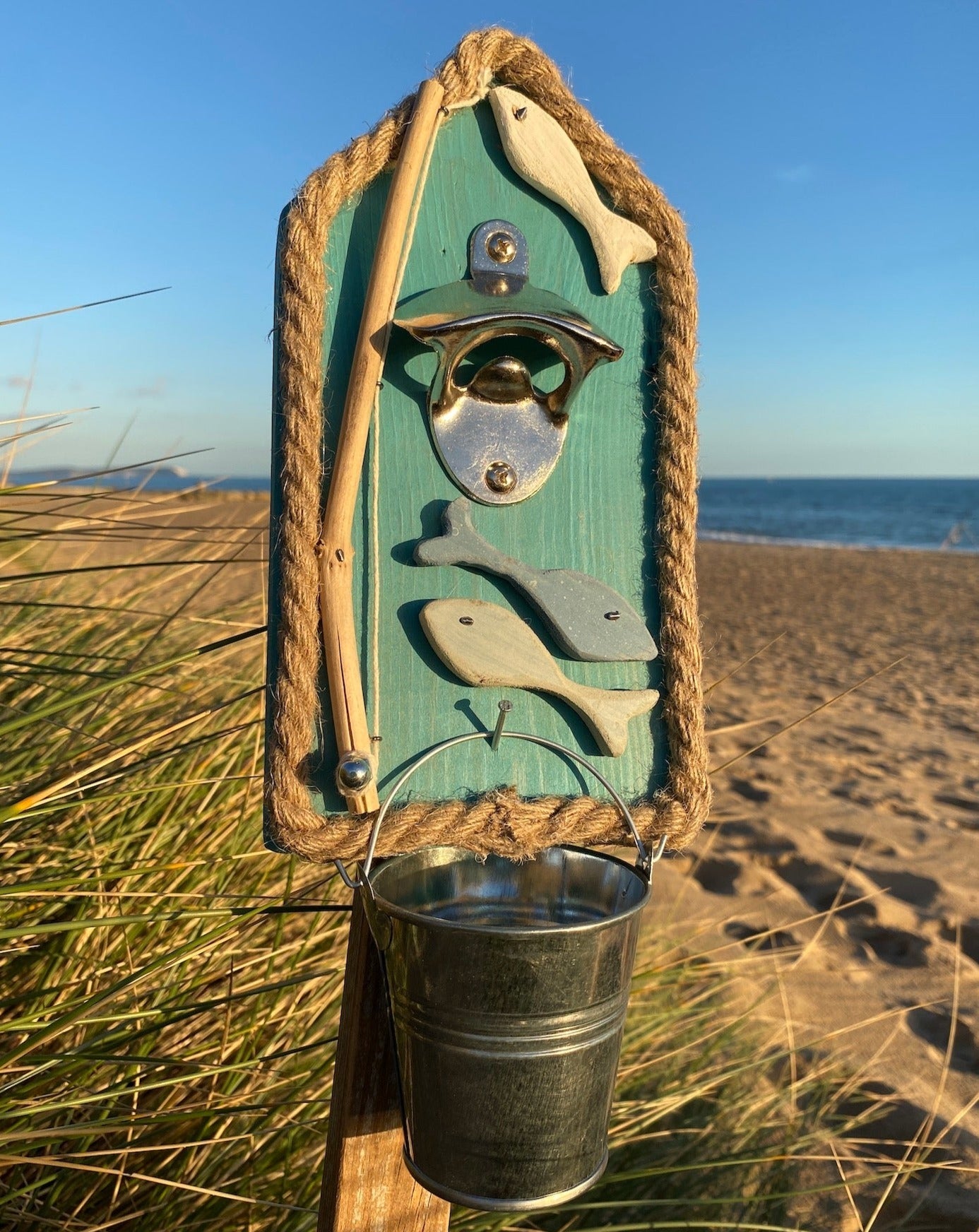 Rustic Fishing Beer Bottle Opener with Silver Bucket - Beach Hut Blue - Drift Craft by Jo