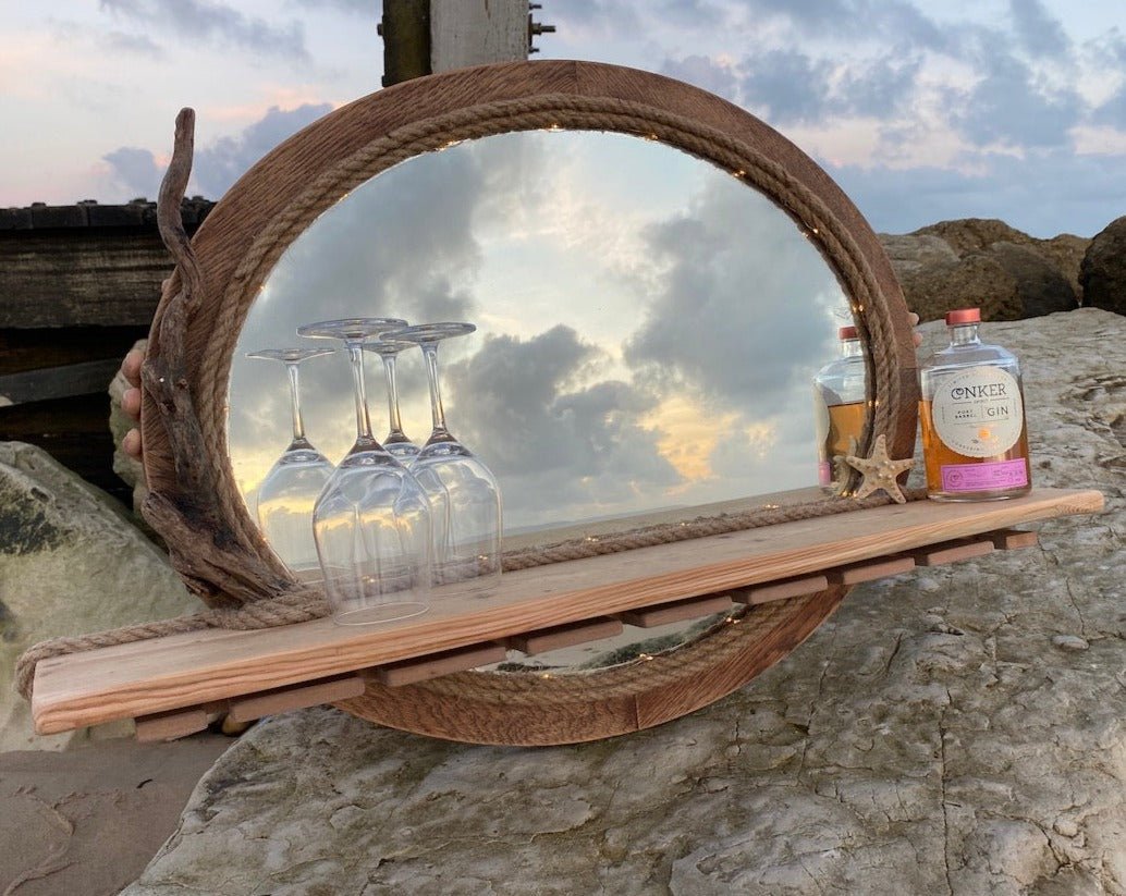 Rustic Oval Driftwood Gin Bar Mirror with Lights - Drift Craft by Jo