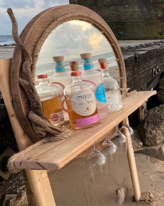 Rustic Oval Driftwood Gin Bar Mirror with Lights - Drift Craft by Jo