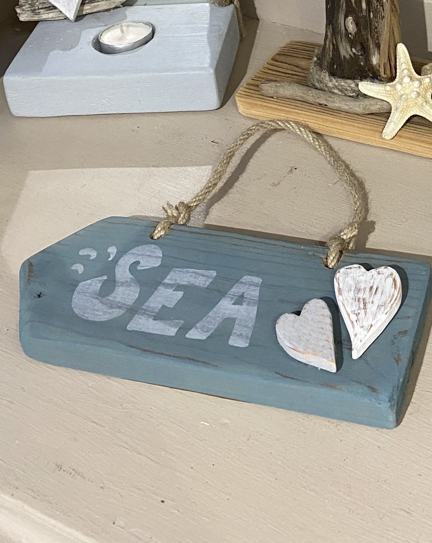 Rustic Sea Sign - Teal with 2 hearts - Drift Craft by Jo
