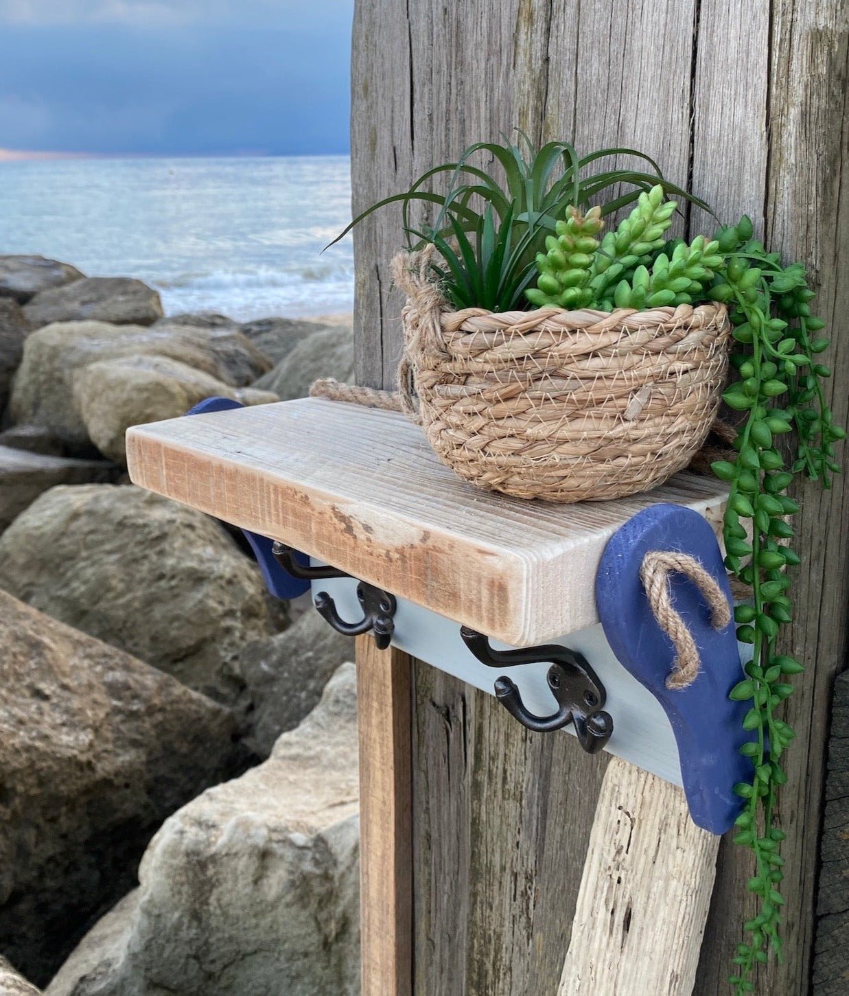 Rustic Shelf with Hooks and Flip Flops - Drift Craft by Jo