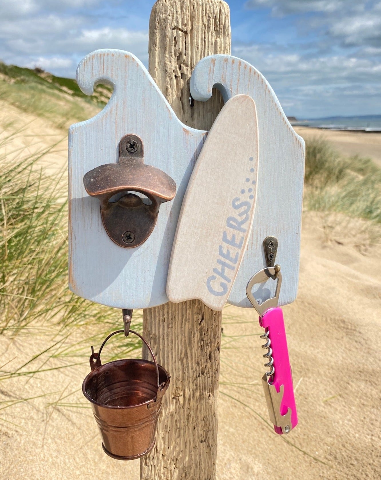 Rustic Surf Wave Bottle Opener with Bucket - Double - Light Blue - Surfboard - Drift Craft by Jo
