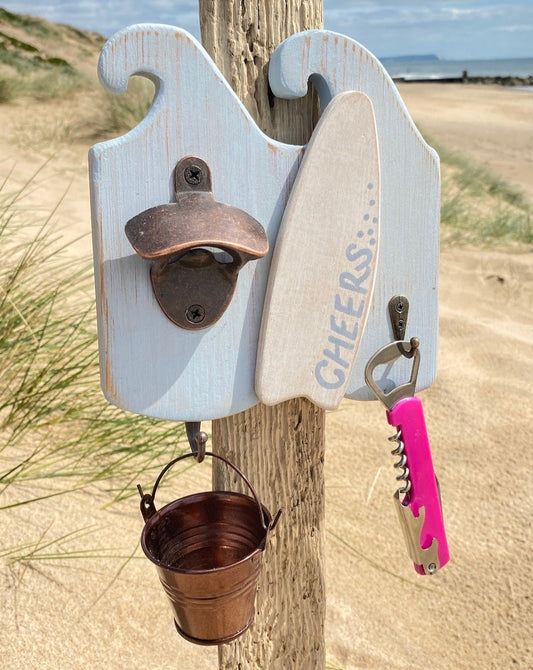 Rustic Surf Wave Bottle Opener with Bucket - Double - Light Blue - Surfboard - Drift Craft by Jo