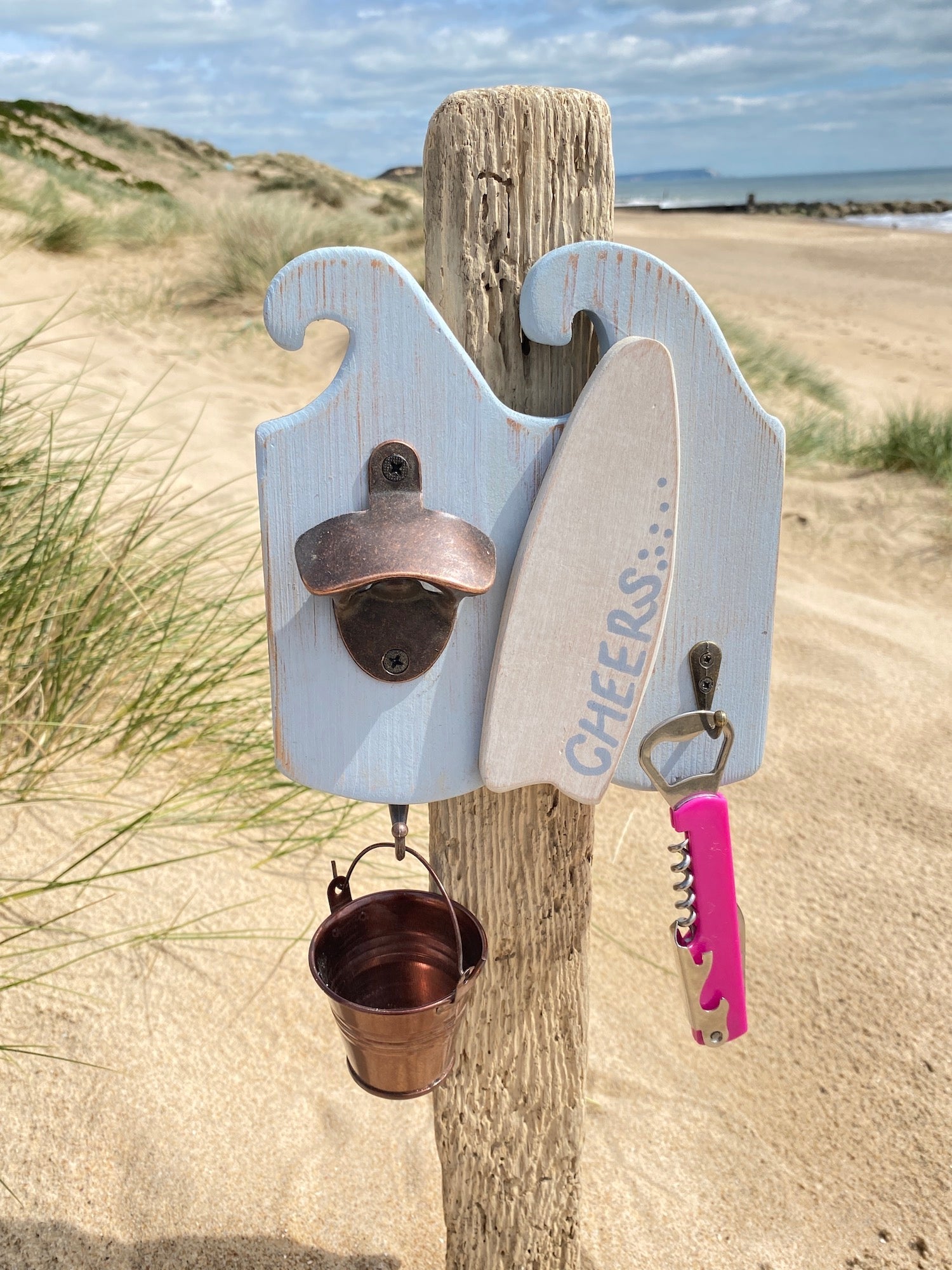 Rustic Surf Wave Bottle Opener with Bucket - Double - Light Blue - Surfboard - Drift Craft by Jo