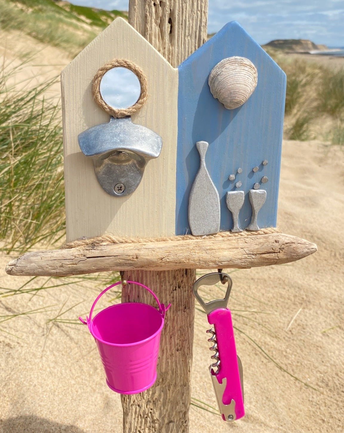 Rustic Wooden Beach Hut Bottle Opener - Double - Mirror, Shell, Prosecco - Drift Craft by Jo
