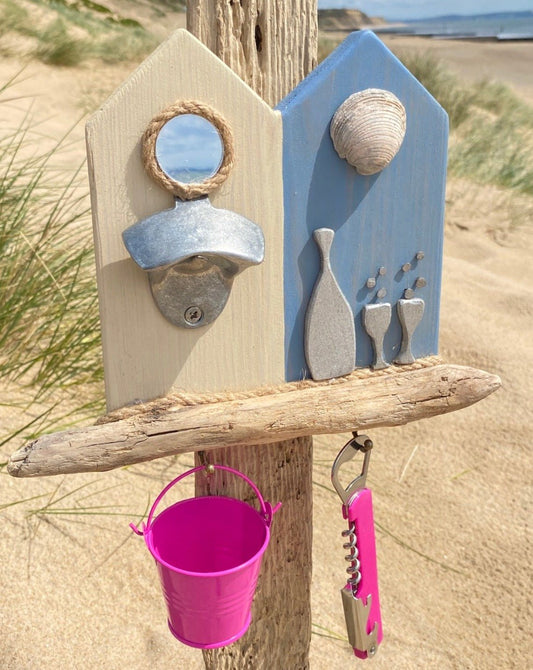 Rustic Wooden Beach Hut Bottle Opener - Double - Mirror, Shell, Prosecco - Drift Craft by Jo