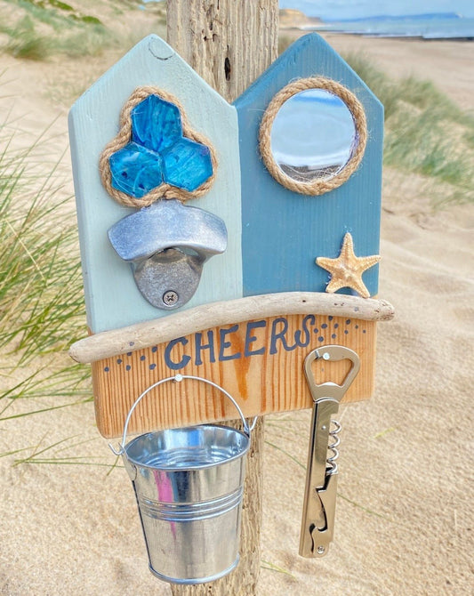 Rustic Wooden Beach Hut Bottle Opener - Double - Starfish, Cheers - Drift Craft by Jo