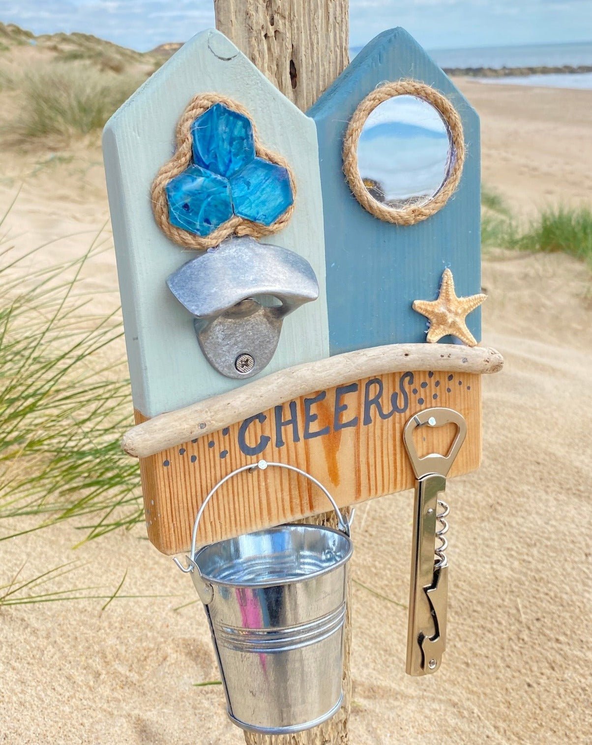 Rustic Wooden Beach Hut Bottle Opener - Double - Starfish, Cheers - Drift Craft by Jo