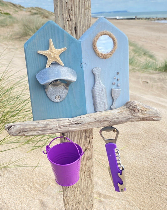 Rustic Wooden Beach Hut Bottle Opener - Double - Starfish, Mirror, Prosecco - Drift Craft by Jo