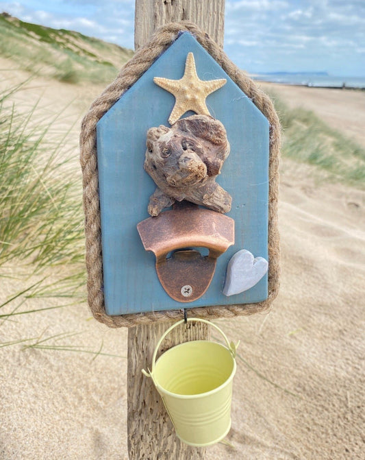 Rustic Wooden Bottle Opener with Bucket - Aqua, Starfish, Heart - Drift Craft by Jo