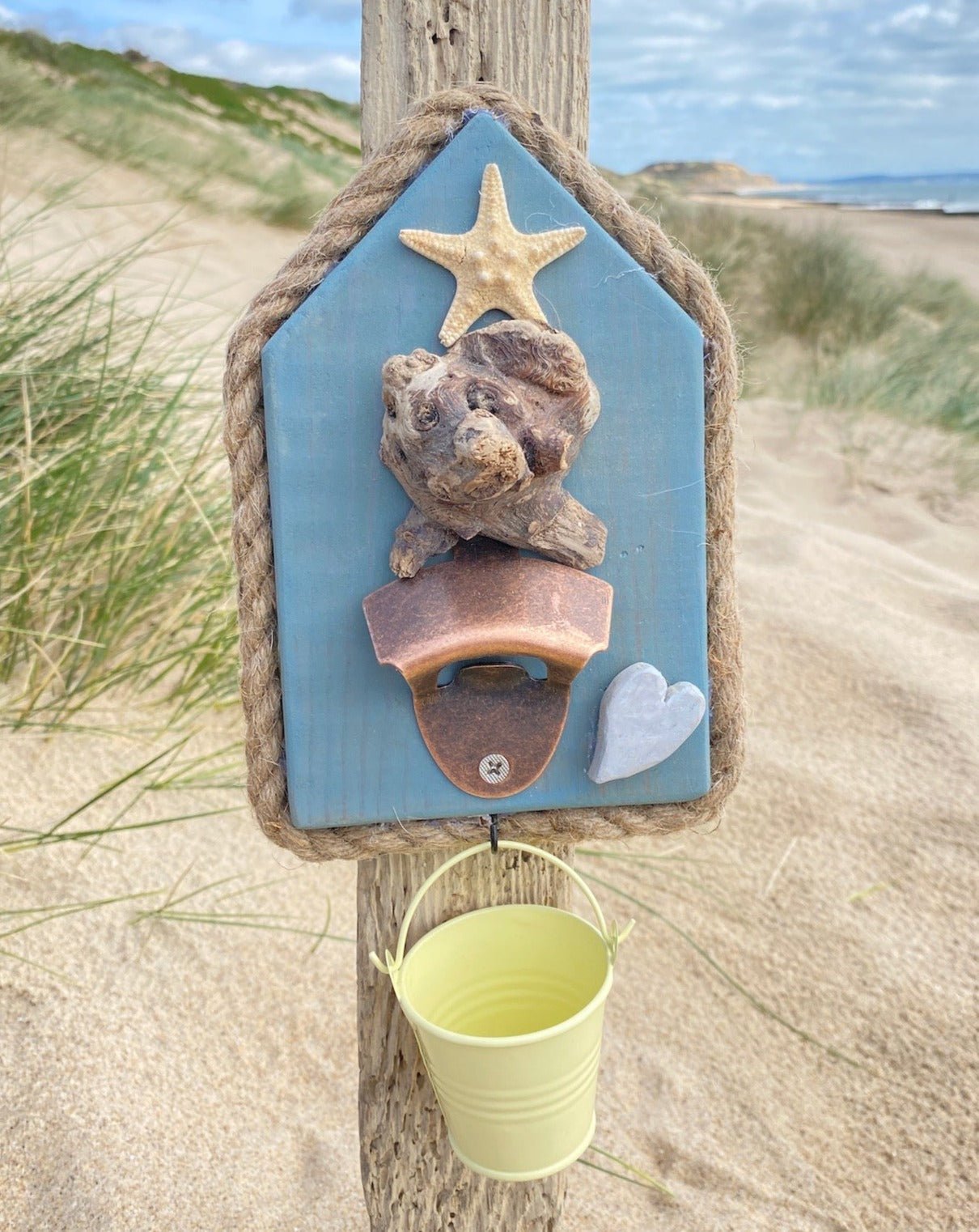 Rustic Wooden Bottle Opener with Bucket - Aqua, Starfish, Heart - Drift Craft by Jo