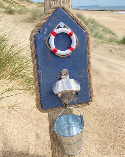 Rustic Wooden Bottle Opener with Bucket - Navy, Bouy - Drift Craft by Jo