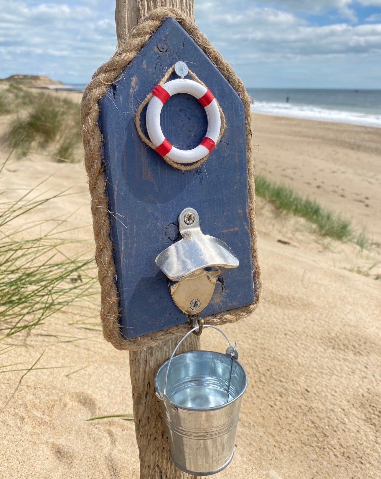 Rustic Wooden Bottle Opener with Bucket - Navy, Bouy - Drift Craft by Jo