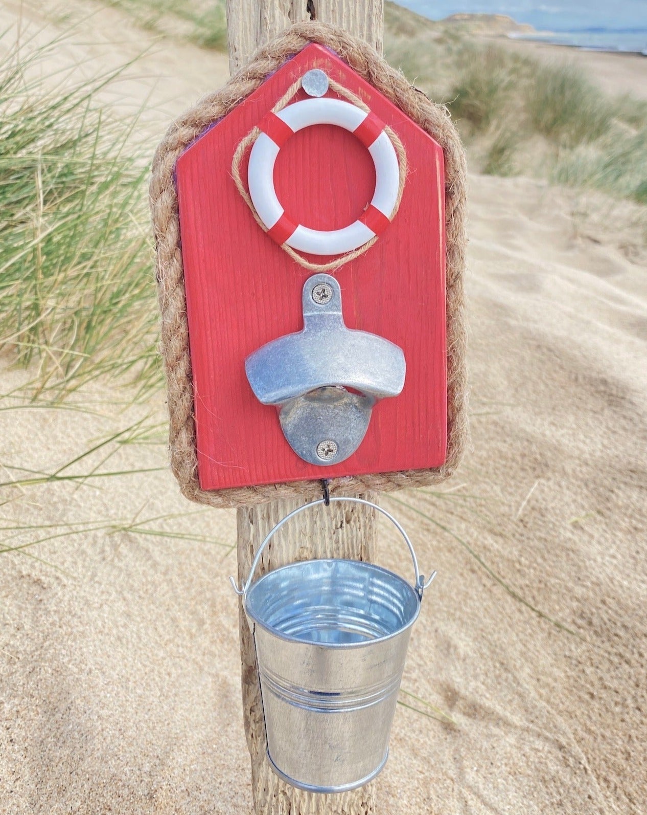 Rustic Wooden Bottle Opener with Bucket - Red, Bouy - Drift Craft by Jo