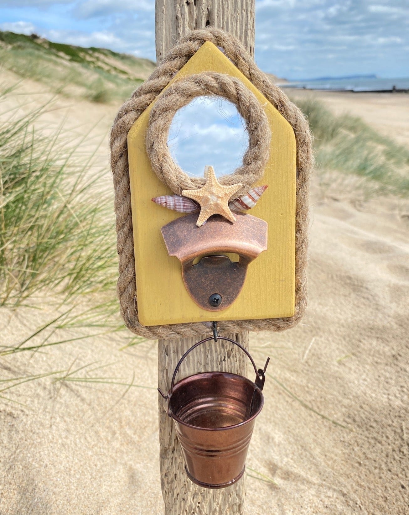 Rustic Wooden Bottle Opener with Bucket - Yellow, Starfish, Shells - Drift Craft by Jo