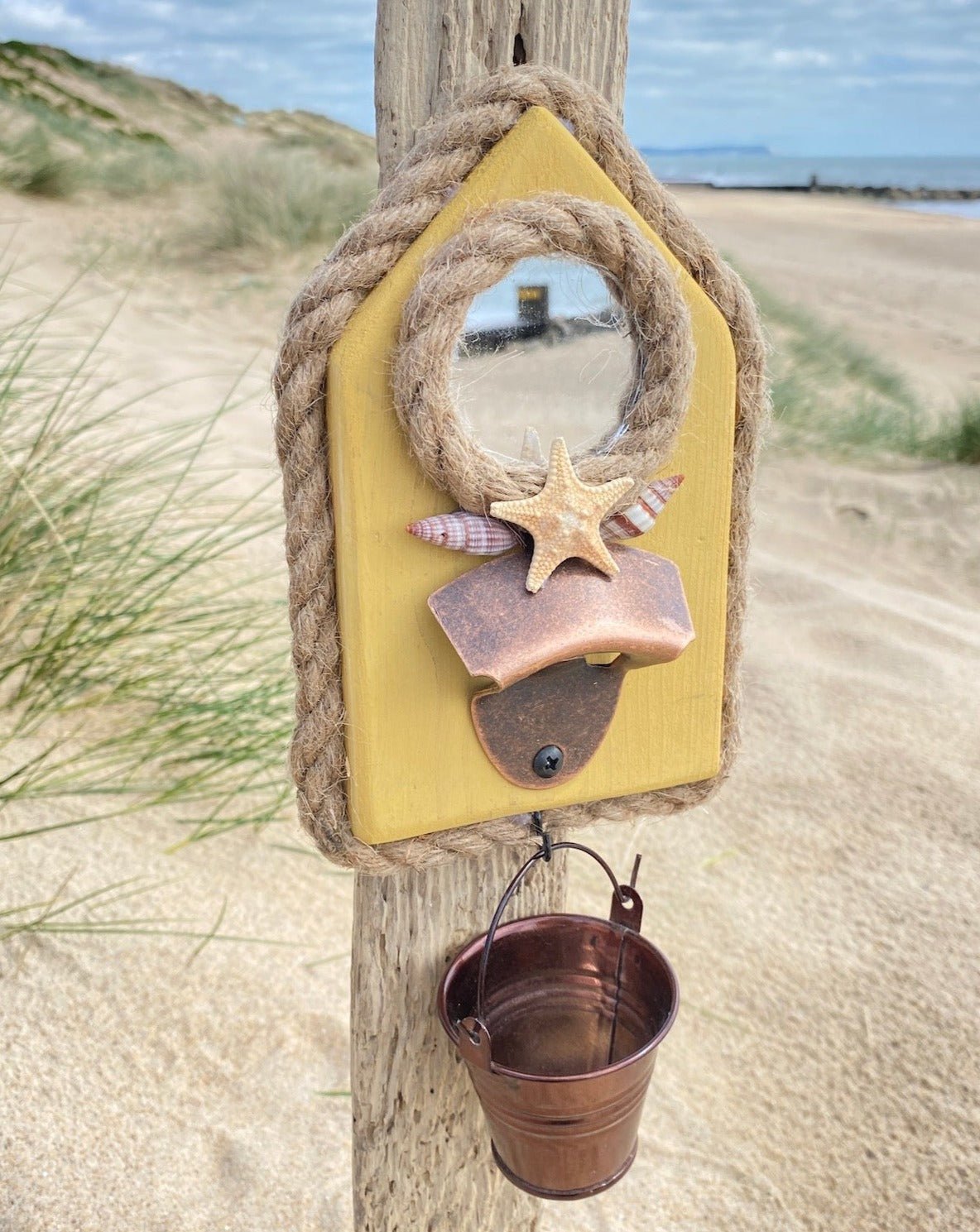 Rustic Wooden Bottle Opener with Bucket - Yellow, Starfish, Shells - Drift Craft by Jo