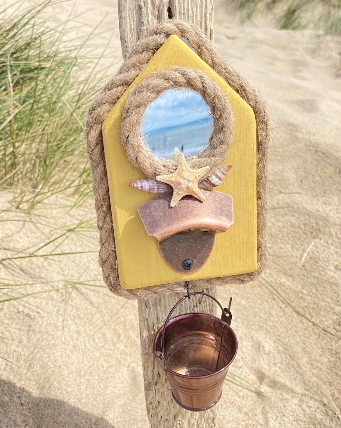 Rustic Wooden Bottle Opener with Bucket - Yellow, Starfish, Shells - Drift Craft by Jo