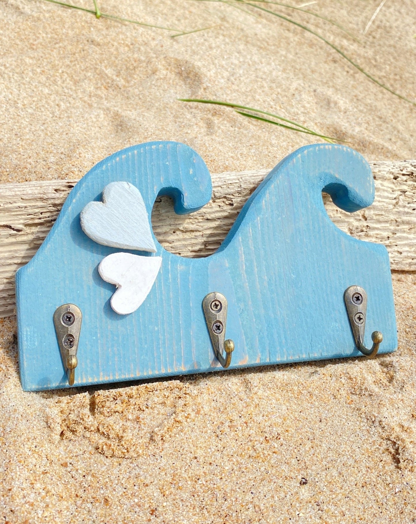 Rustic Wooden Wave Key Hooks - Aqua, Hearts - Drift Craft by Jo