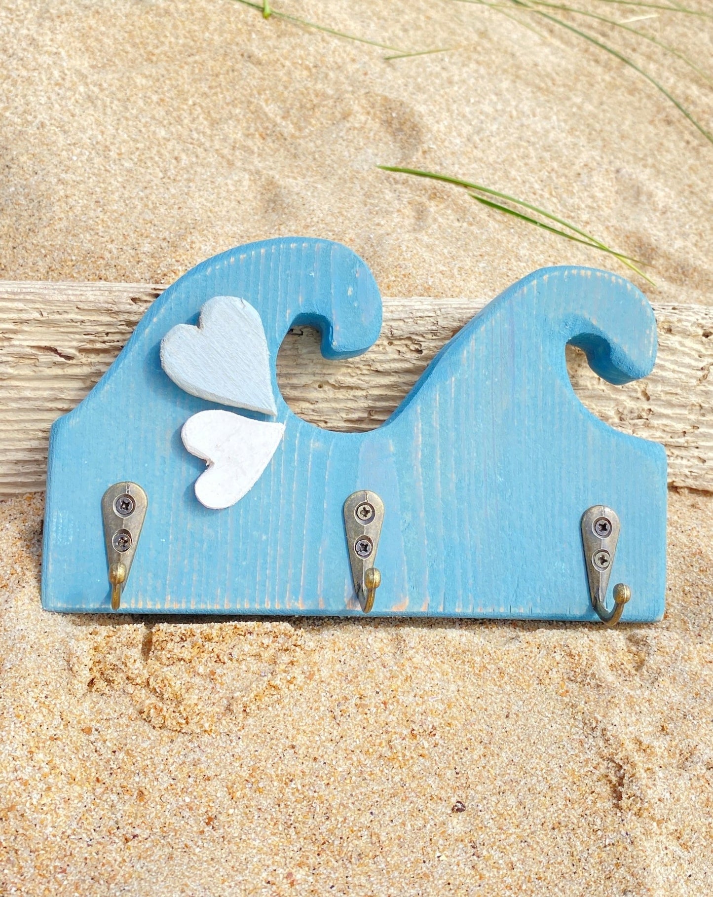 Rustic Wooden Wave Key Hooks - Aqua, Hearts - Drift Craft by Jo