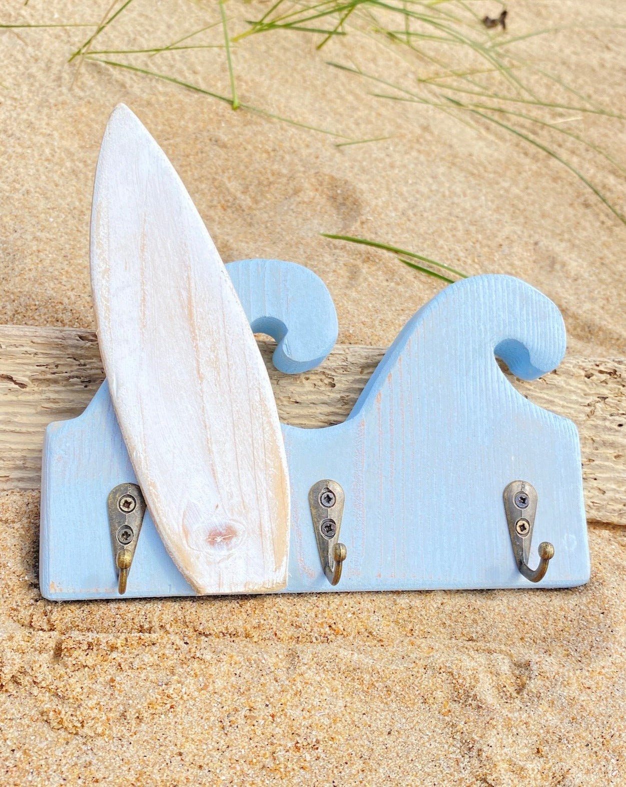 Rustic Wooden Wave Key Hooks - Light Blue, Surfboard - Drift Craft by Jo