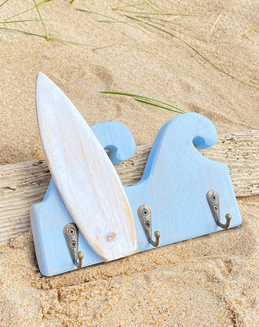 Rustic Wooden Wave Key Hooks - Light Blue, Surfboard - Drift Craft by Jo